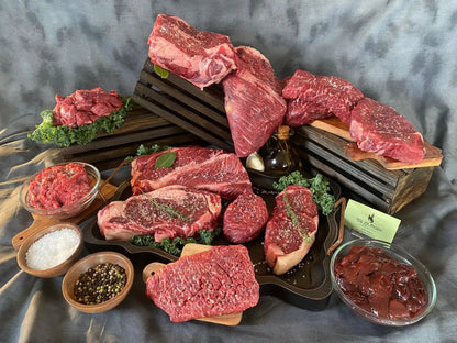 100% All-Natural Grass-Fed Pasture-Raised Wagyu 1/8th Beef Share - 50l100% All-Natural, No Hormones or Antibiotics, Grass &amp; Flax Fed and Finished.  
Bundle Includes: 
 Approx. 50lbs of Beef

25% Steaks
35% Roasts
40% Ground Beef/st100%The Hufeisen-Ranch (WYO Wagyu)